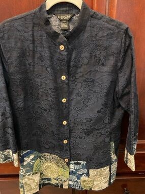 Citron Navy Embroidered Mandarin Collar Jacket with Patchwork Hem